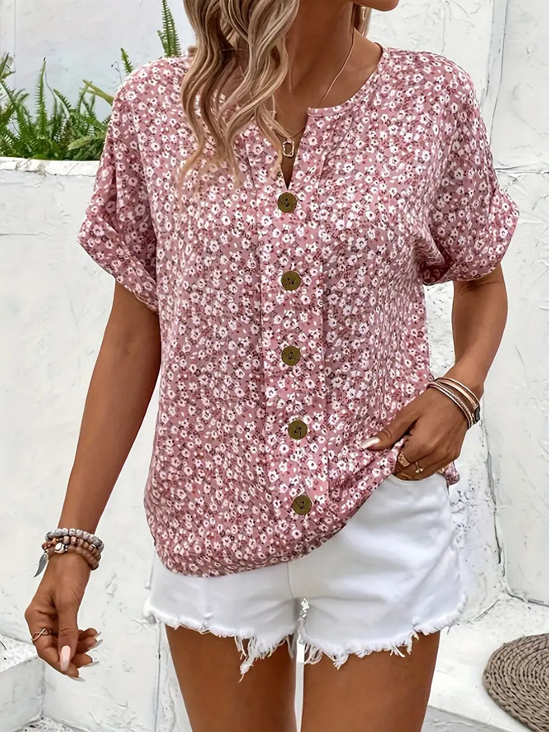 Ella | Women's Floral Print Button Short Sleeve Casual Blouse