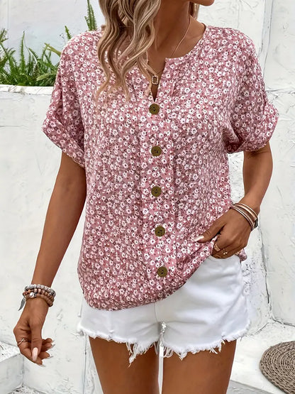 Ella | Women's Floral Print Button Short Sleeve Casual Blouse