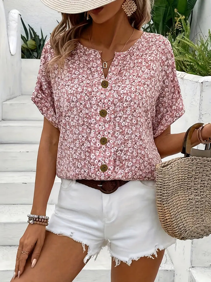 Ella | Women's Floral Print Button Short Sleeve Casual Blouse