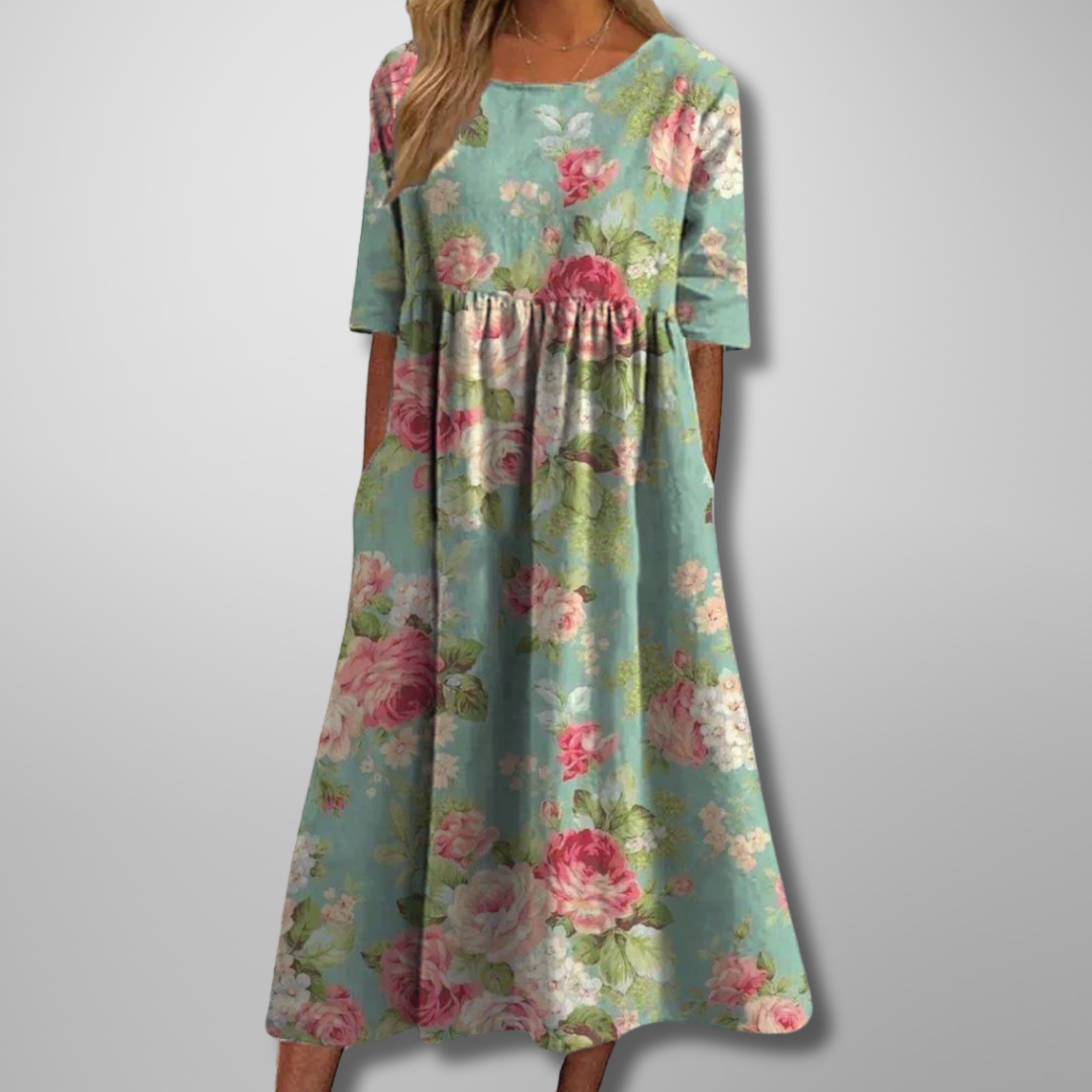 Lina | Women’s Midi Dress with Floral Print and Short Sleeves