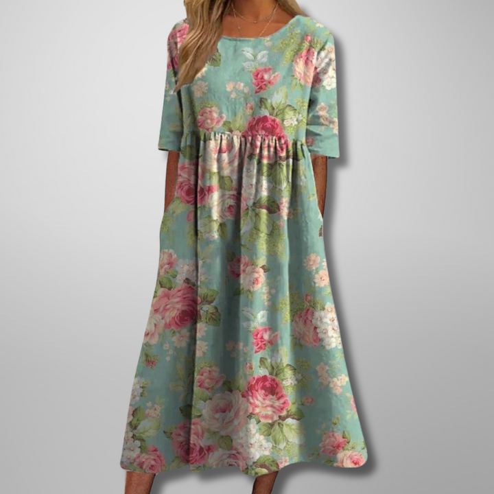 Lina | Women’s Midi Dress with Floral Print and Short Sleeves