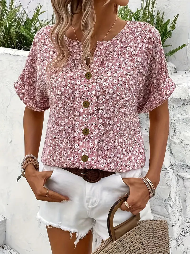 Ella | Women's Floral Print Button Short Sleeve Casual Blouse