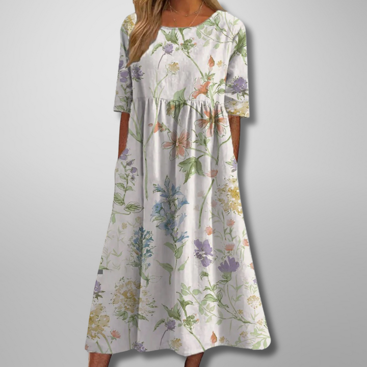 Lina | Women’s Midi Dress with Floral Print and Short Sleeves