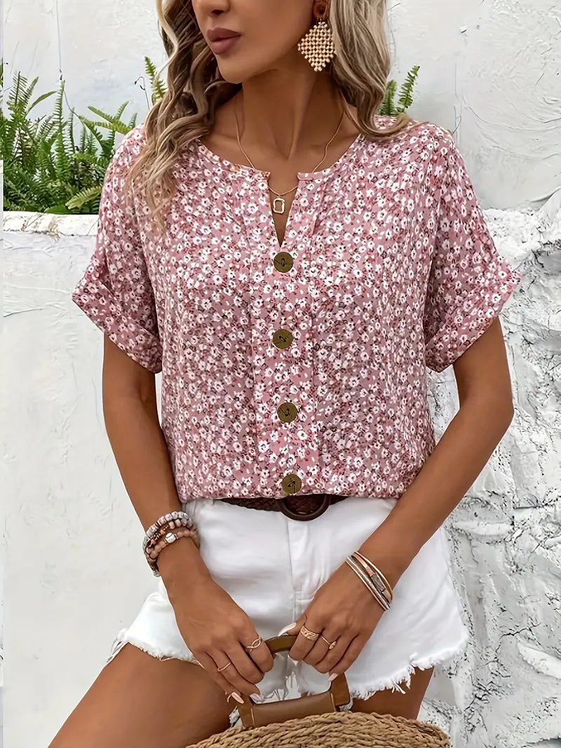 Ella | Women's Floral Print Button Short Sleeve Casual Blouse