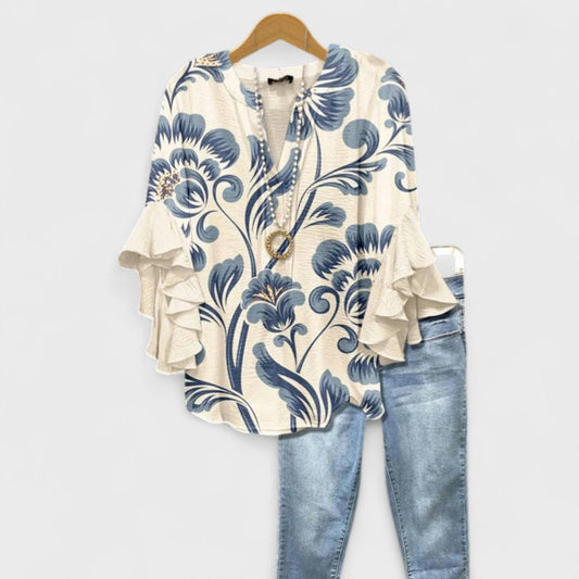 Hannah | Women's Floral Print Ruffle Sleeve Summer Blouse