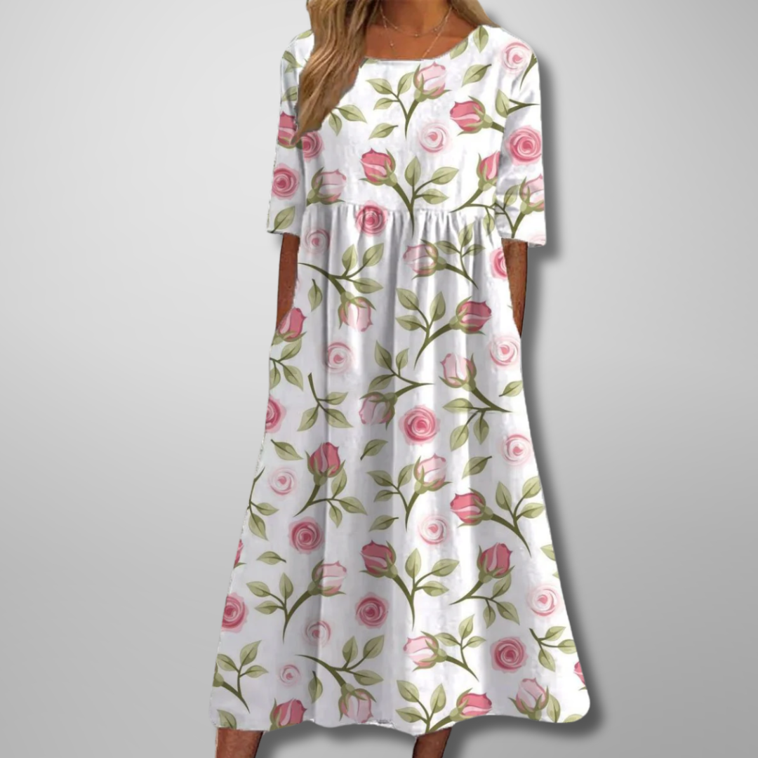 Lina | Women’s Midi Dress with Floral Print and Short Sleeves