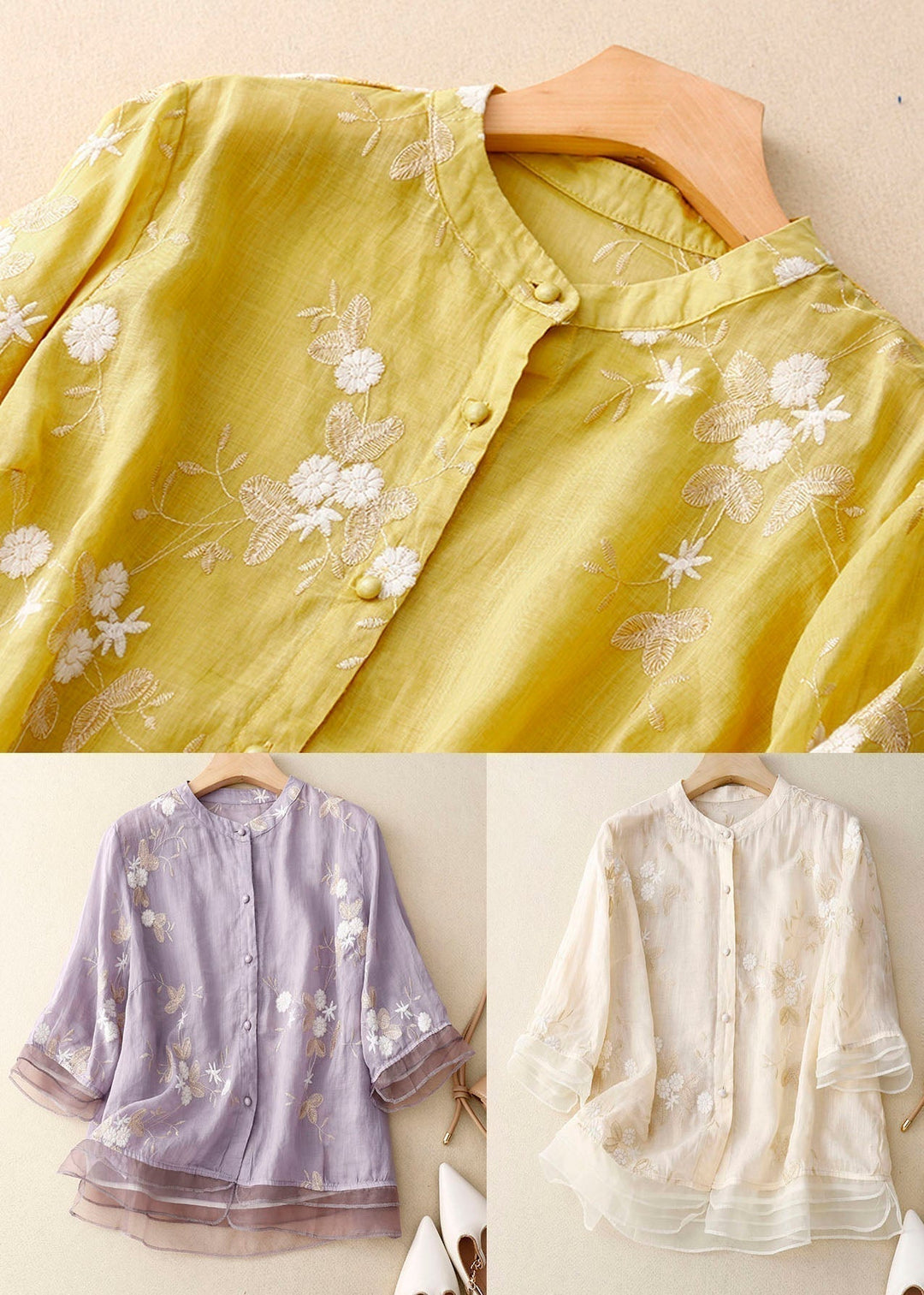 Ivy | Women's Layered Sheer Floral Embroidered Three Quarter Sleeve Blouse