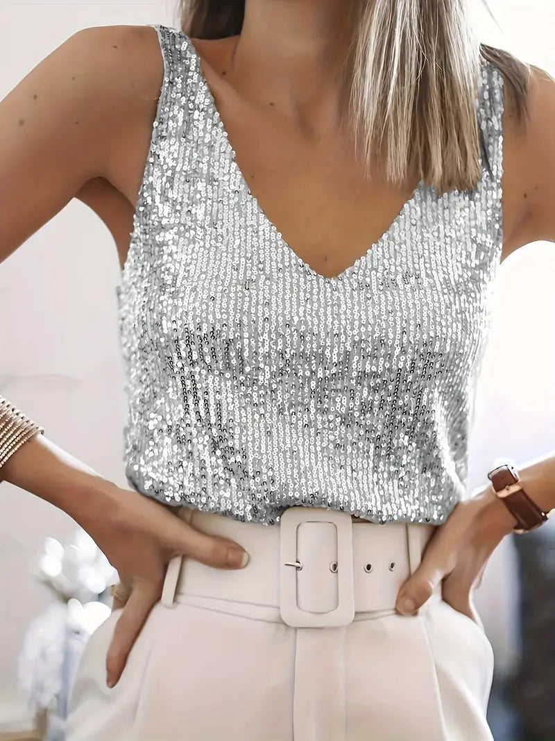 Elena | Women's Summer Sleeveless V-Neck Glitter Top