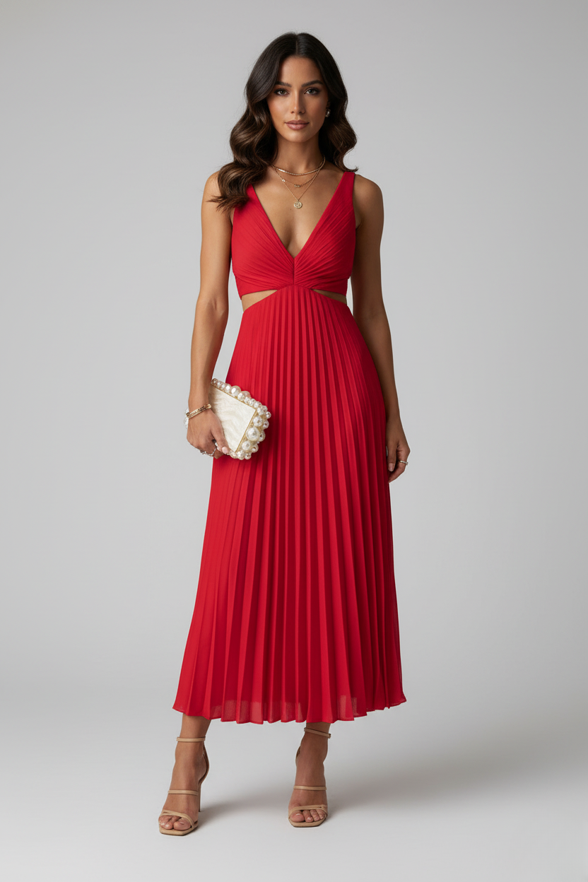 Elara | Women's Pleated Midi Wedding Guest Dress