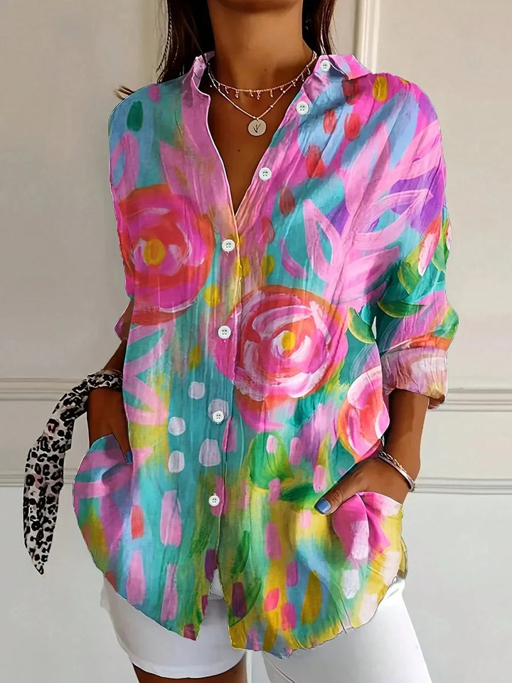 Leah | Women's Long Sleeve Collared Abstract Print Casual Blouse