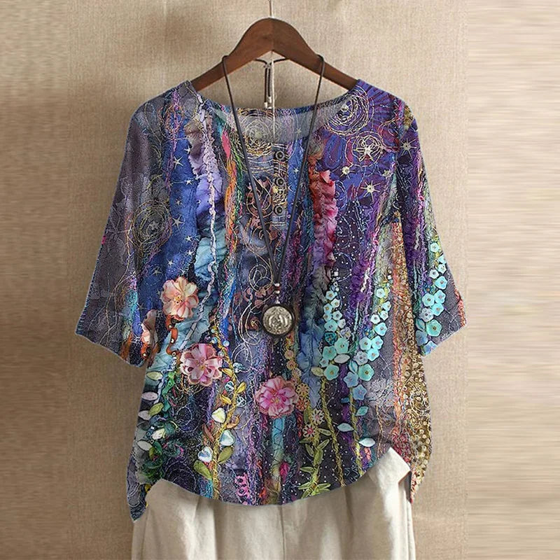Chloe | Women's Floral Print Short Sleeve Relaxed Fit Casual Blouse