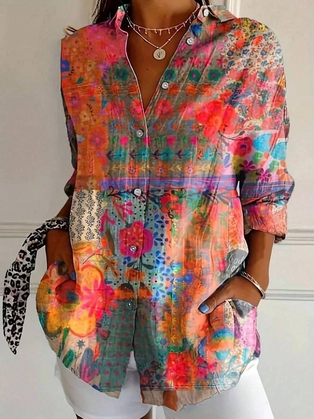 Leah | Women's Long Sleeve Collared Abstract Print Casual Blouse