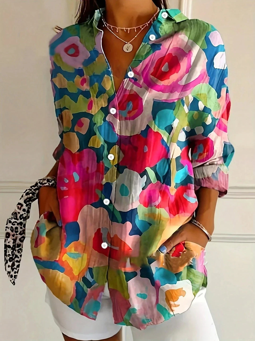 Leah | Women's Long Sleeve Collared Abstract Print Casual Blouse