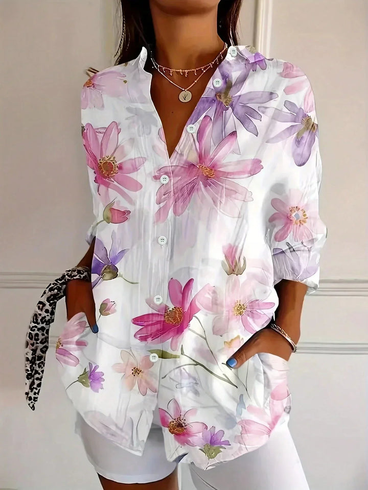 Leah | Women's Long Sleeve Collared Abstract Print Casual Blouse
