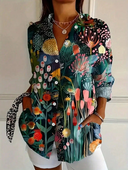 Leah | Women's Long Sleeve Collared Abstract Print Casual Blouse