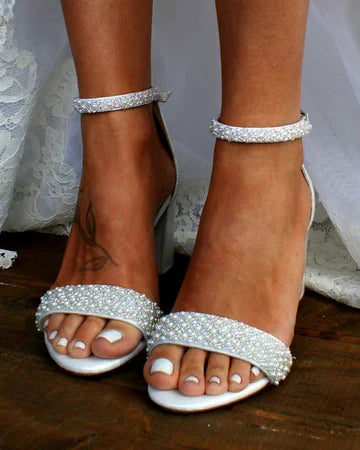 Amelie | Women's Elegant Pearl-Embellished Wedding Guest Summer Sandal Heels