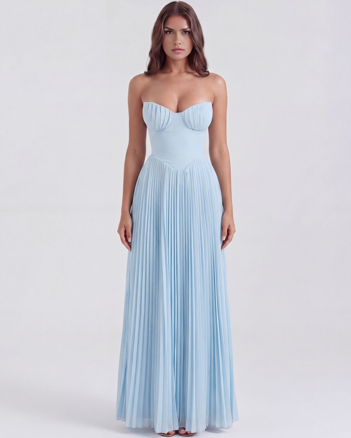 Fiona | Women's Elegant Strapless Pleated Baby Blue Maxi Dress