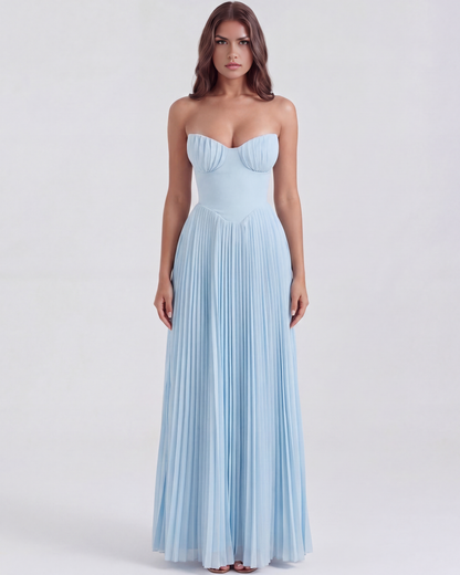 Fiona | Women's Elegant Strapless Pleated Baby Blue Maxi Dress