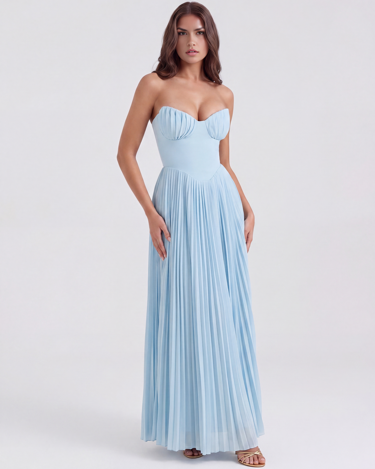 Fiona | Women's Elegant Strapless Pleated Baby Blue Maxi Dress