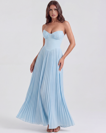 Fiona | Women's Elegant Strapless Pleated Baby Blue Maxi Dress