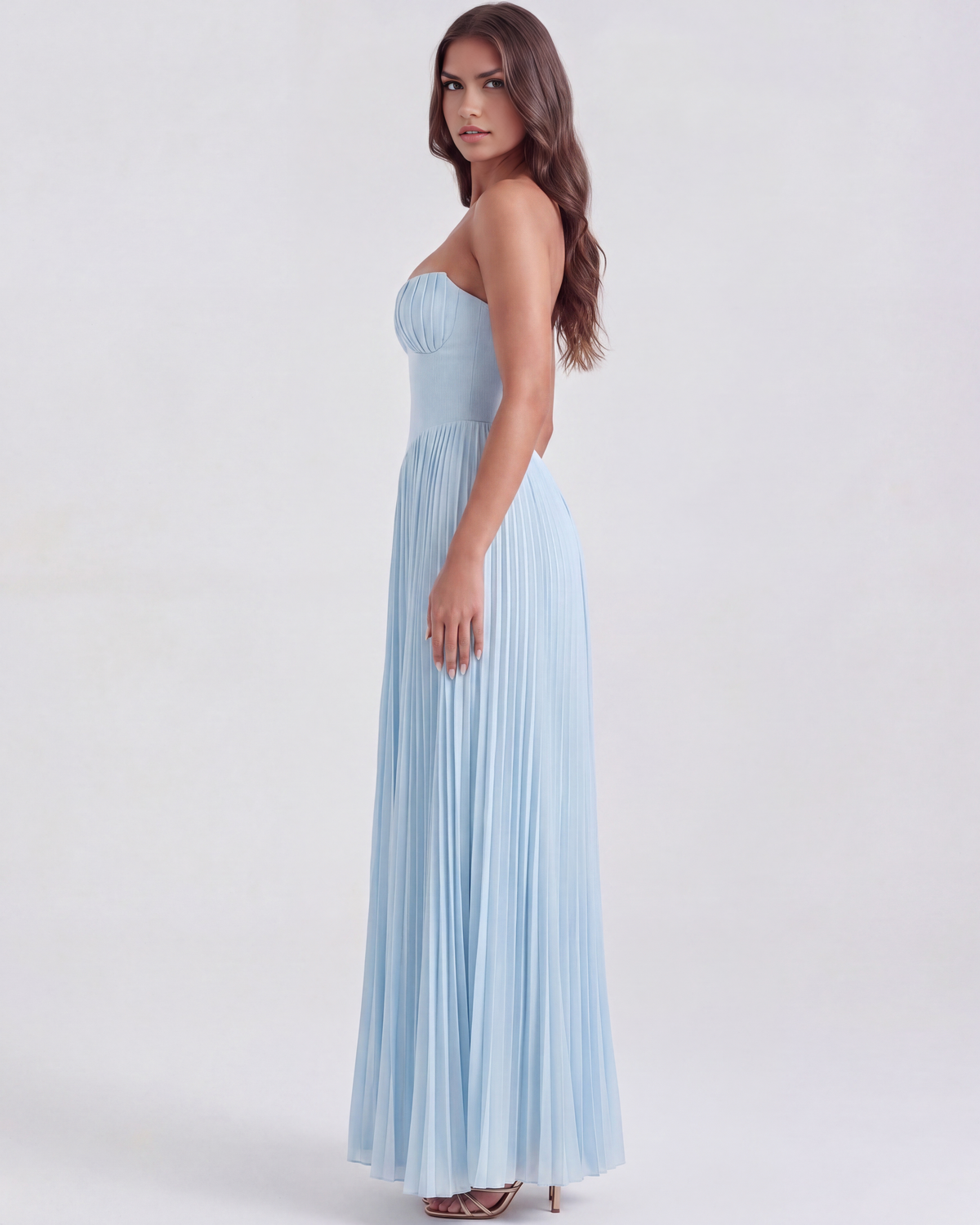 Fiona | Women's Elegant Strapless Pleated Baby Blue Maxi Dress