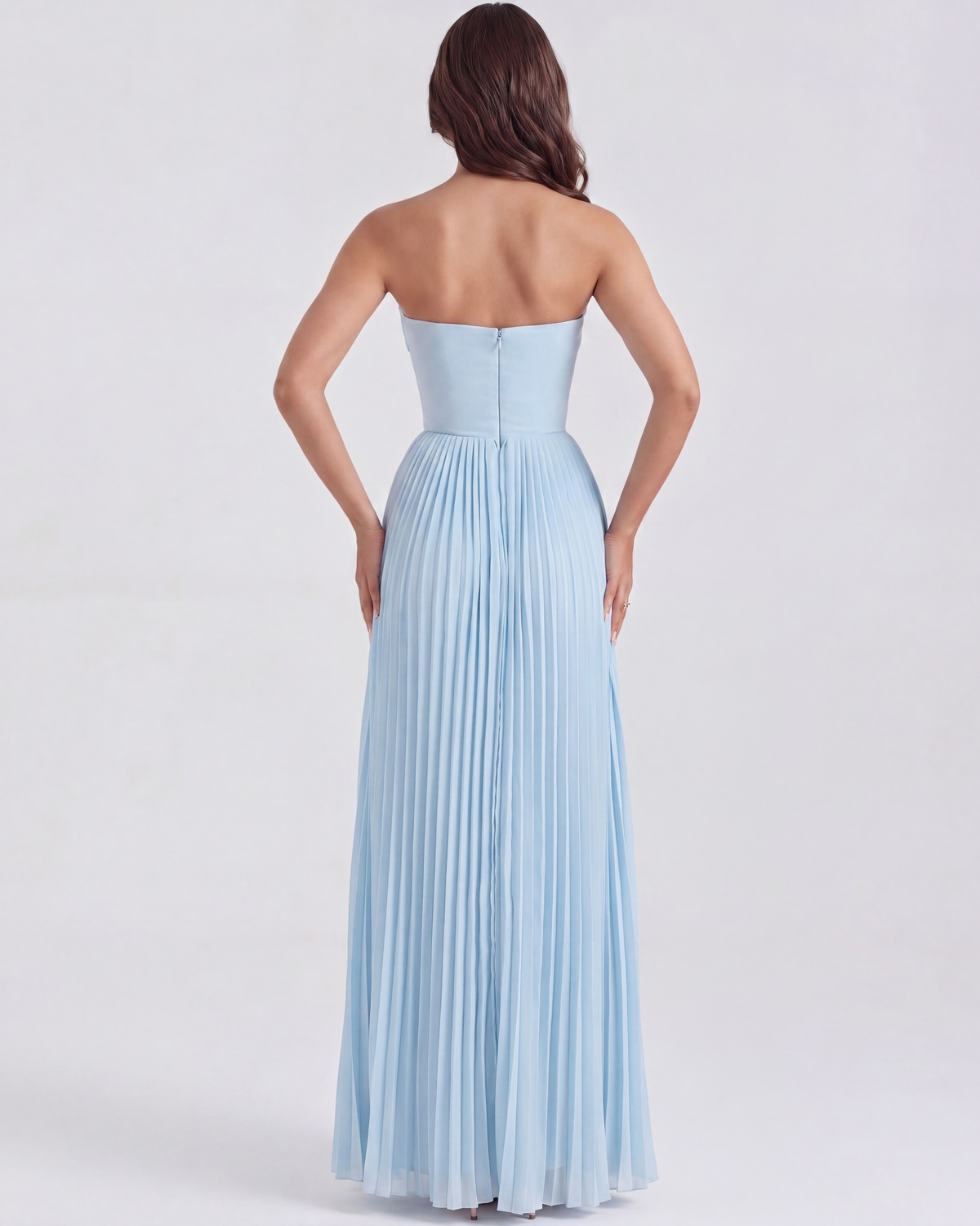 Fiona | Women's Elegant Strapless Pleated Baby Blue Maxi Dress