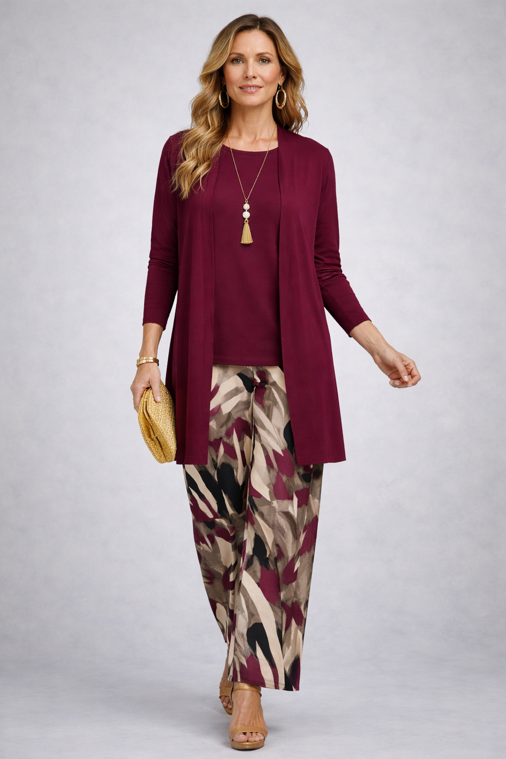 Gemma | Women's Classic Elegance Three-Piece Set with Long Cardigan and Wide-Leg Pants