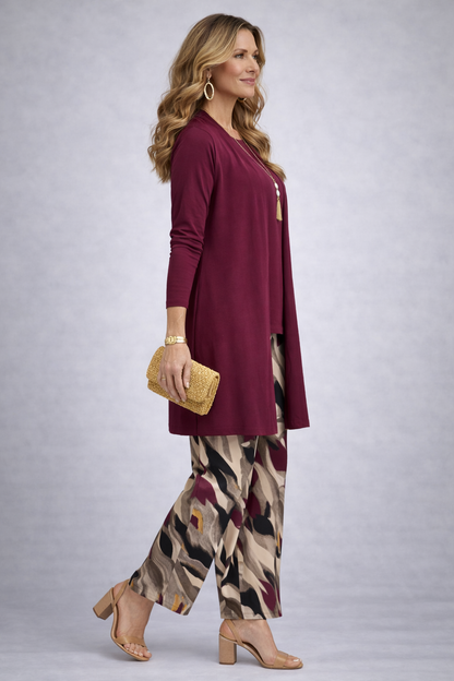 Gemma | Women's Classic Elegance Three-Piece Set with Long Cardigan and Wide-Leg Pants