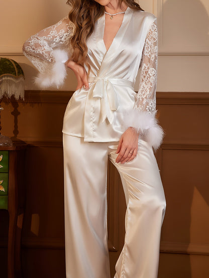 Hayley | Women's Satin Lace-Trim Fuzzy Pajama Set