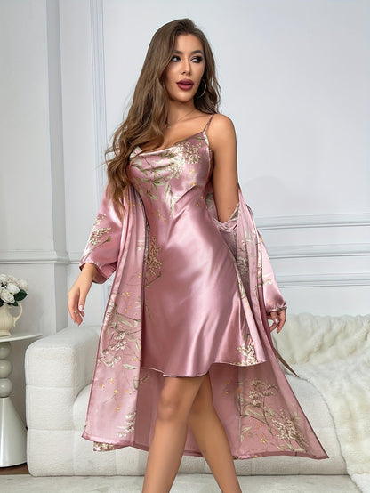 Helen | Women's 2-Piece Floral Satin Camisole Robe Set