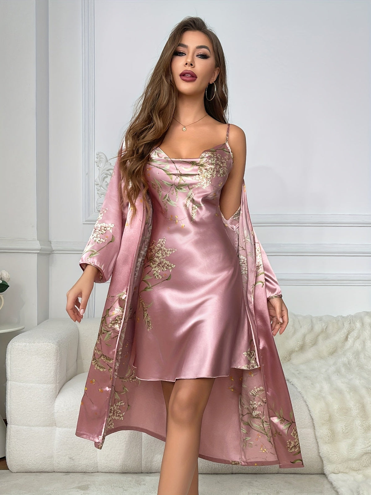 Helen | Women's 2-Piece Floral Satin Camisole Robe Set