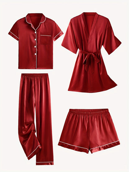Jasmine | Women's 4-Piece Solid Satin Pajama Mid-Sleeve Robe Set