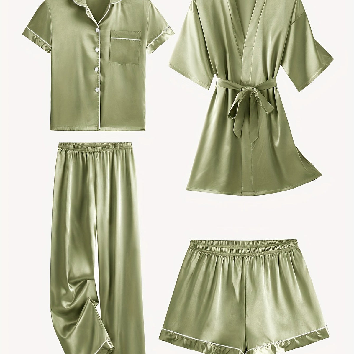 Jasmine | Women's 4-Piece Solid Satin Pajama Mid-Sleeve Robe Set