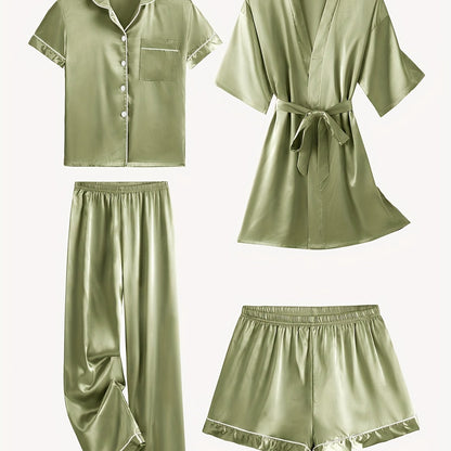 Jasmine | Women's 4-Piece Solid Satin Pajama Mid-Sleeve Robe Set