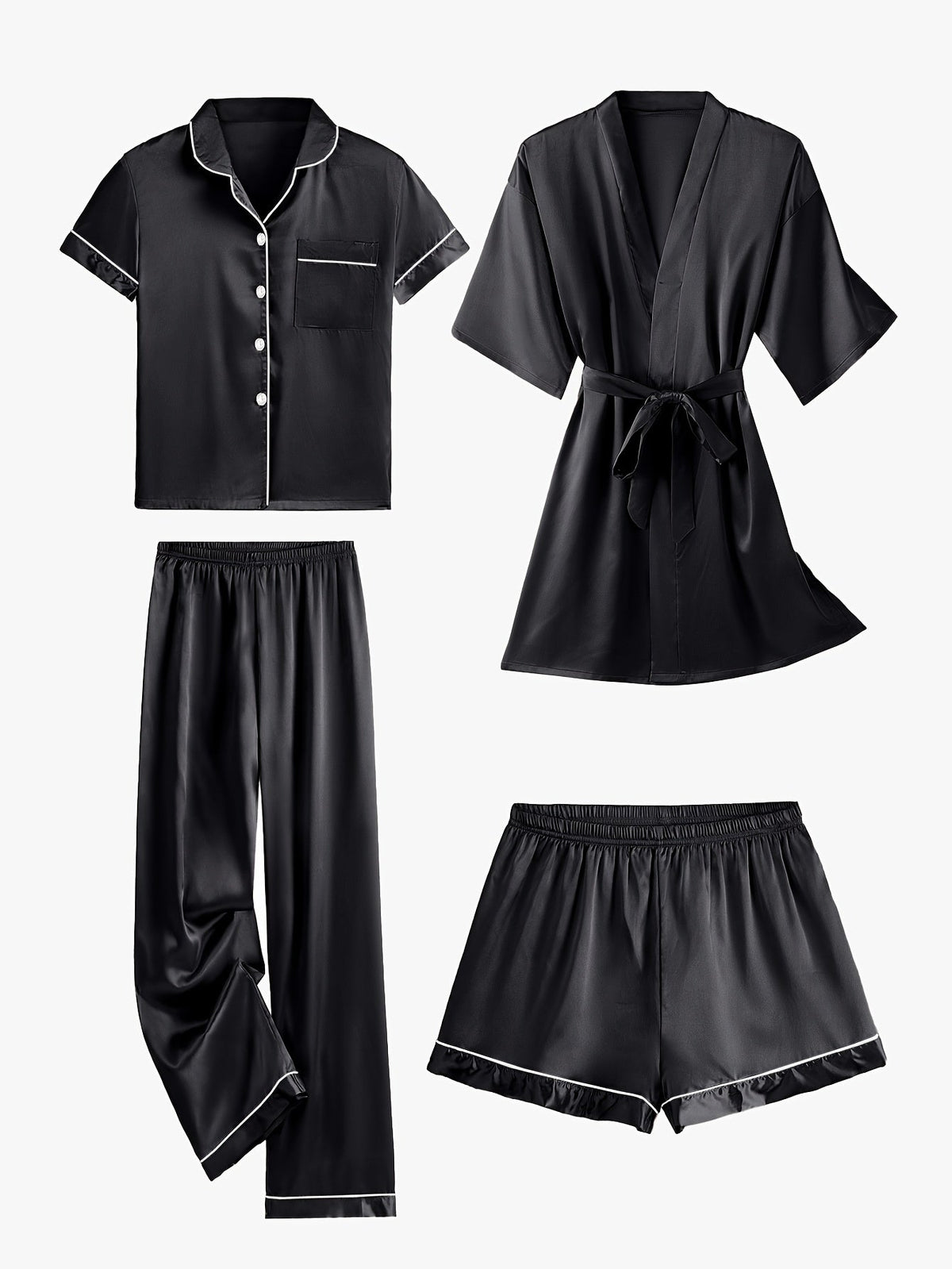 Jasmine | Women's 4-Piece Solid Satin Pajama Mid-Sleeve Robe Set