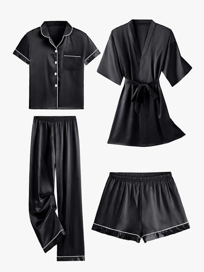 Jasmine | Women's 4-Piece Solid Satin Pajama Mid-Sleeve Robe Set