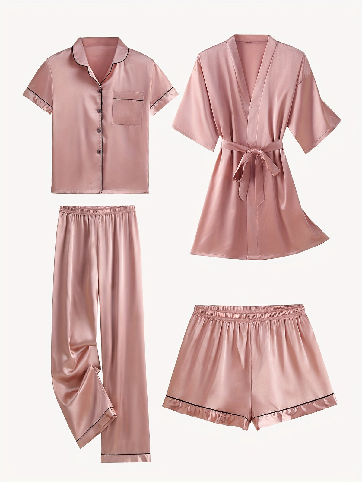 Jasmine | Women's 4-Piece Solid Satin Pajama Mid-Sleeve Robe Set