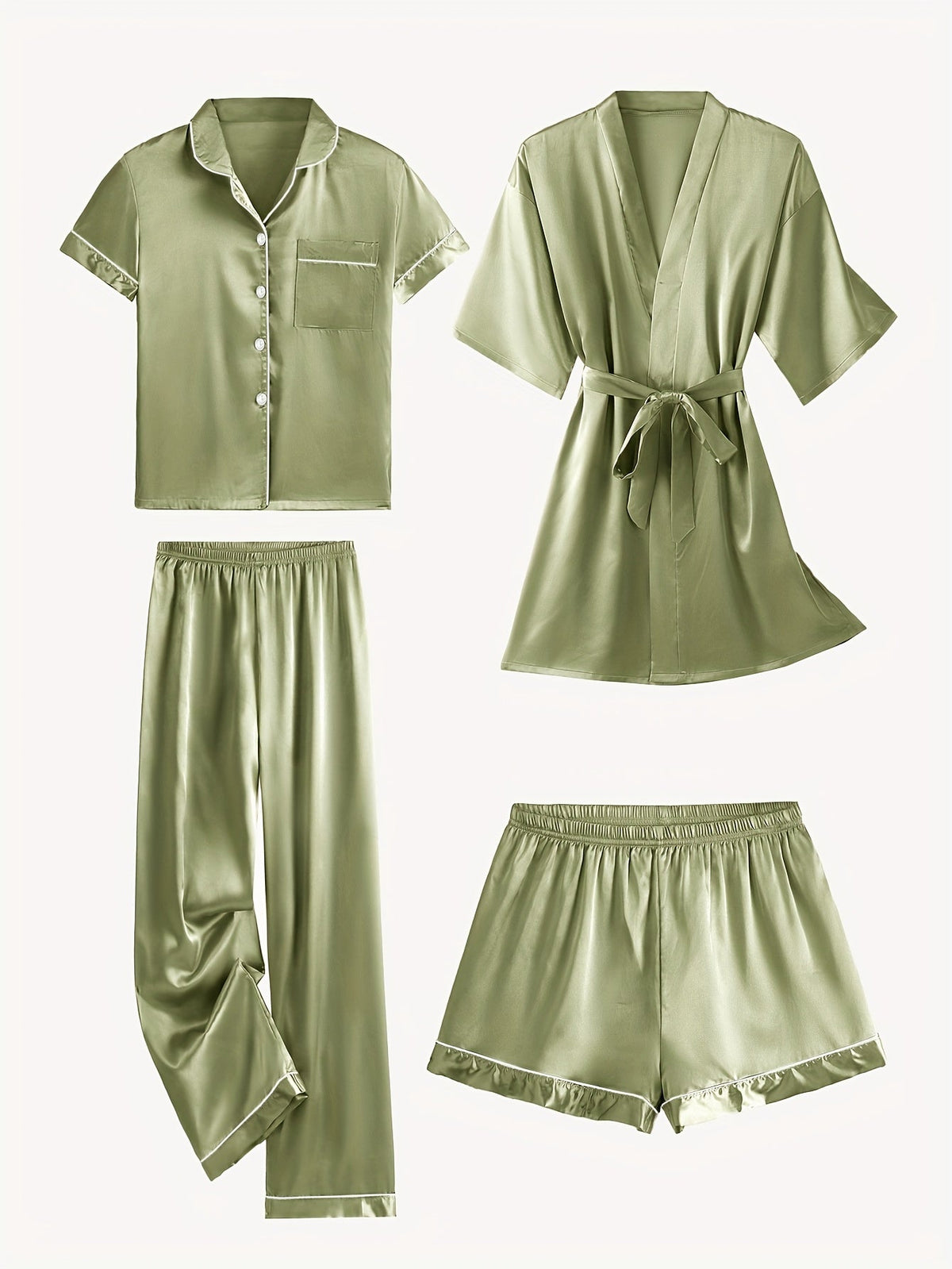 Jasmine | Women's 4-Piece Solid Satin Pajama Mid-Sleeve Robe Set
