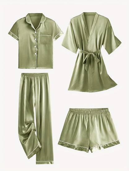 Jasmine | Women's 4-Piece Solid Satin Pajama Mid-Sleeve Robe Set