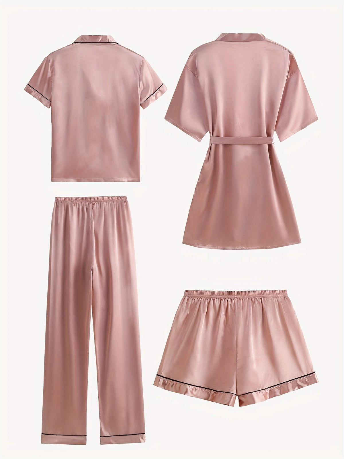 Jasmine | Women's 4-Piece Solid Satin Pajama Mid-Sleeve Robe Set