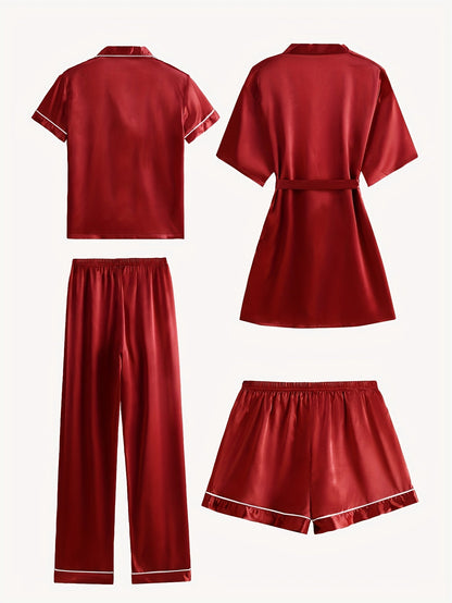 Jasmine | Women's 4-Piece Solid Satin Pajama Mid-Sleeve Robe Set