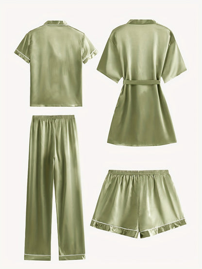Jasmine | Women's 4-Piece Solid Satin Pajama Mid-Sleeve Robe Set