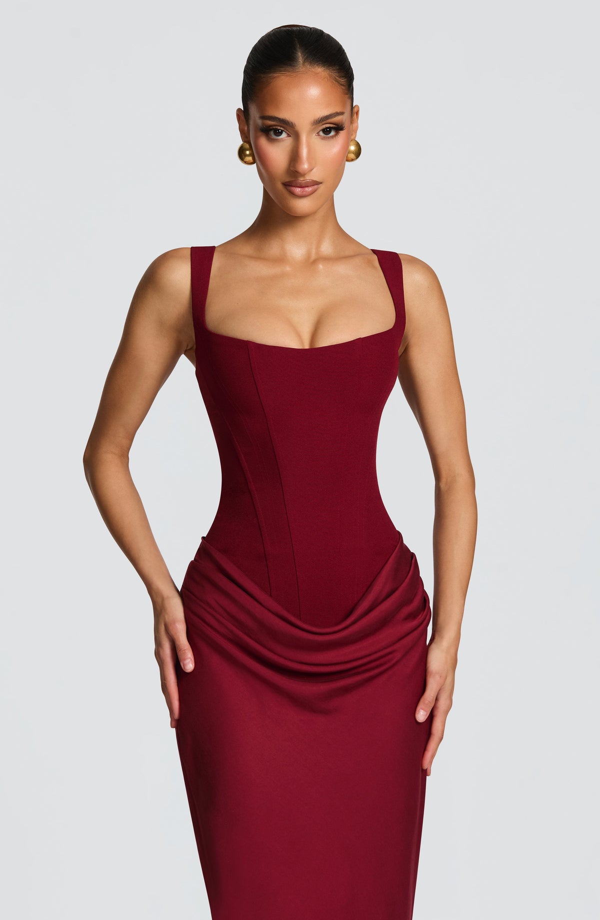 Joanne | Women's Fitted Lace-Up Formal Draped Evening Maxi Dress