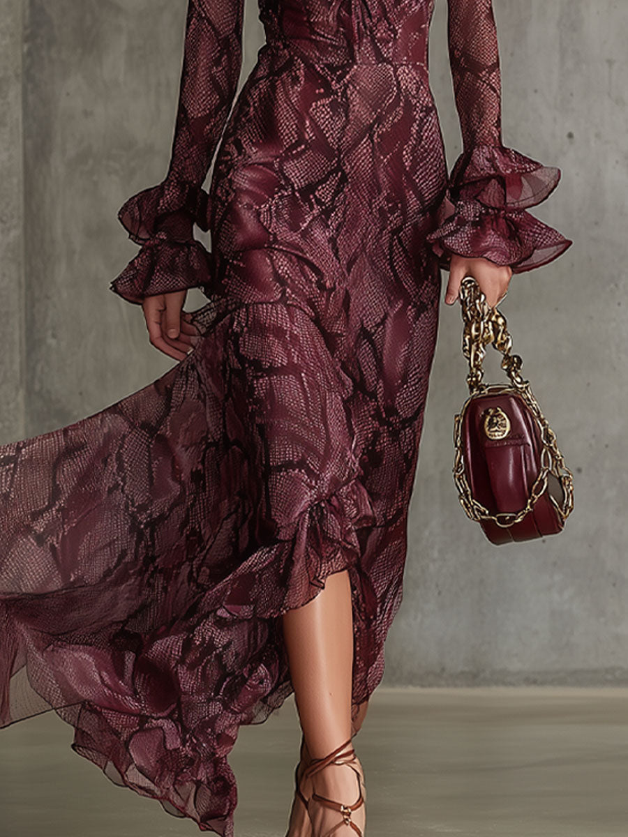 Molly | Women's Ruffled V-Neck Chiffon Maxi Dress