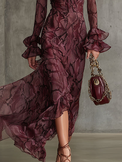 Molly | Women's Ruffled V-Neck Chiffon Maxi Dress