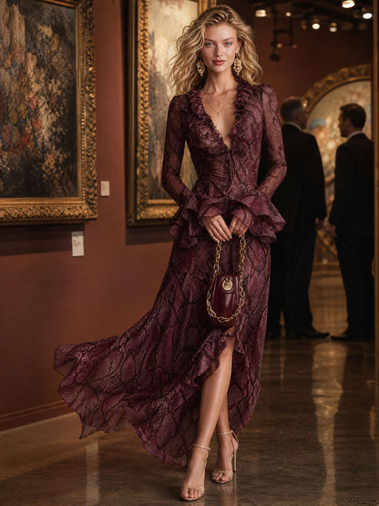 Molly | Women's Ruffled V-Neck Chiffon Maxi Dress