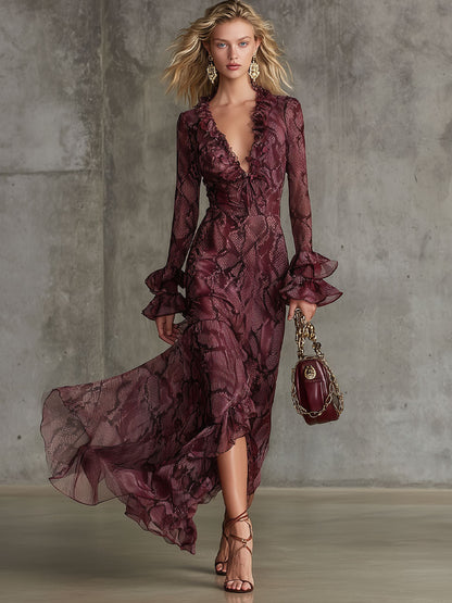 Molly | Women's Ruffled V-Neck Chiffon Maxi Dress