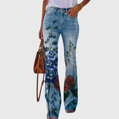 Penny | Women's Flared Floral Print Denim Pants with Flowers