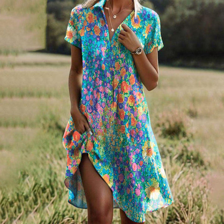 Lina | Women’s Floral Midi Dress with V-Neck and Short Sleeves