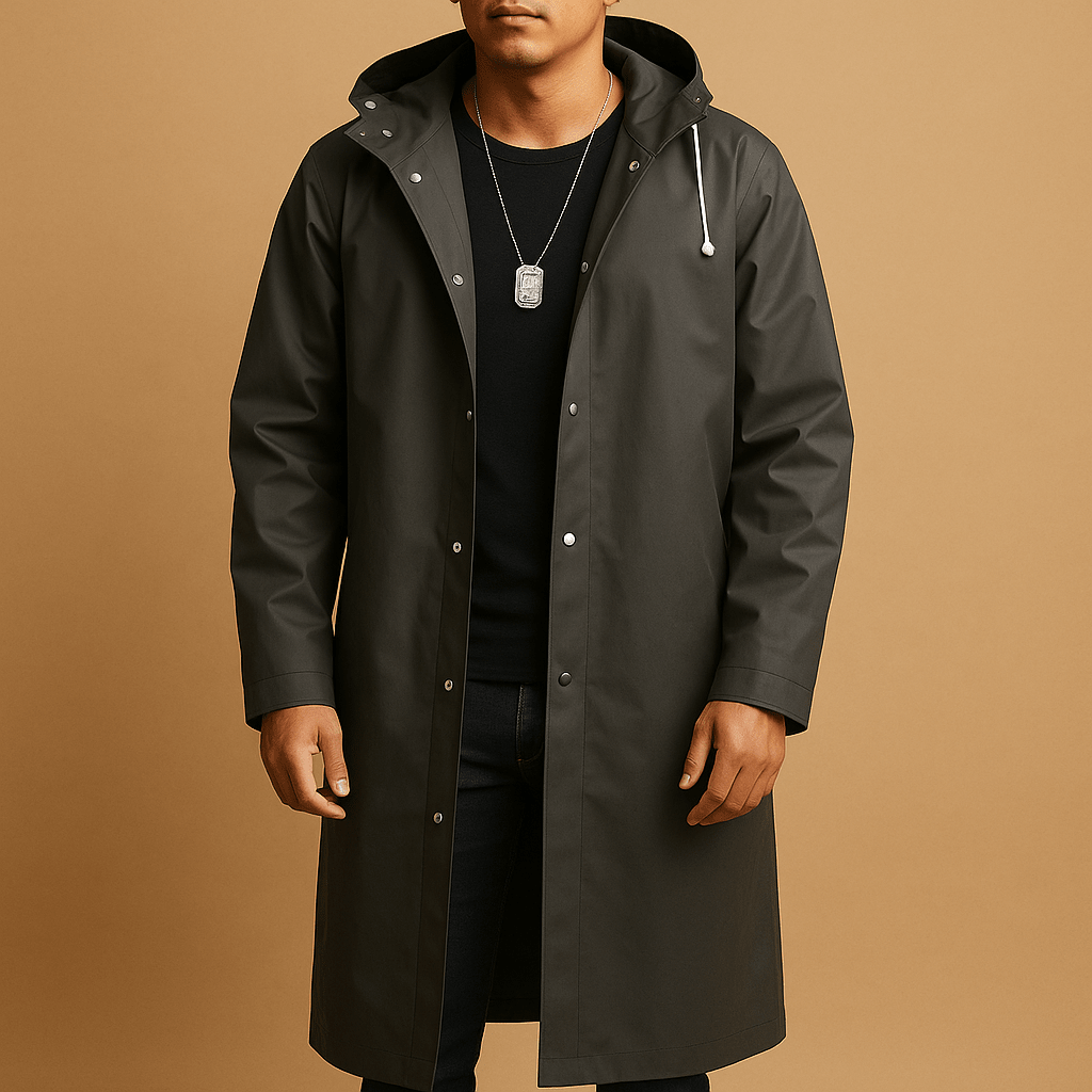 Trevor | Men's Long Hooded Button-Up Raincoat